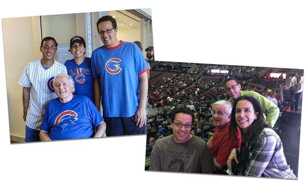 Ron Lieber at a Cubs game, left, and a Bruce Springsteen concert with his brother, David; his sister, Stephanie; and their father, Fred.